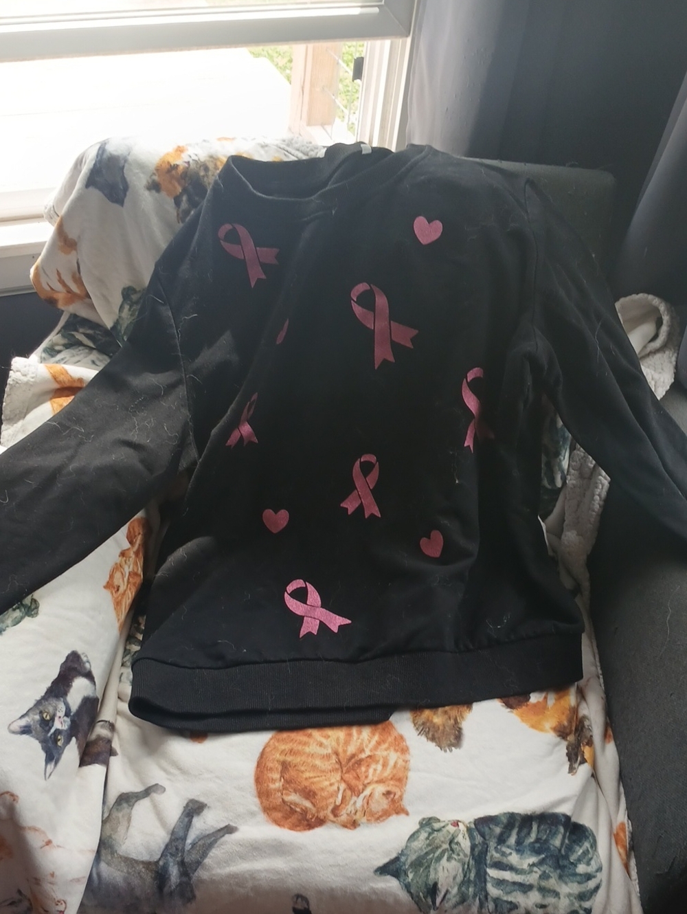 Amazon Black Long Sleeve Tee with Pink Ribbon & Heart Print